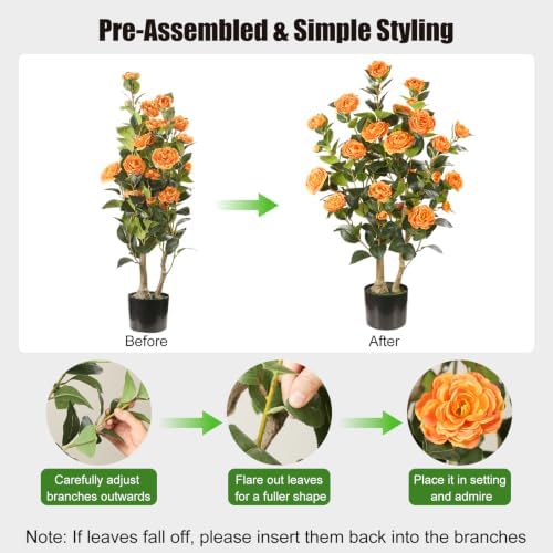 Artificial Camellia Tree 2 Pack, 3FT Faux Camellia Plant with Orange Flowers Lifelike, Faux Greenery for Living Room, Patio, or Wedding - Image 4