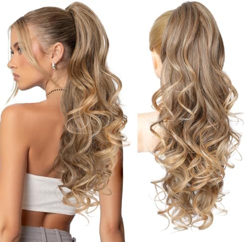 REECHO Ponytail Extension, 24" Claw Clip in Long Curly Wavy Ponytail Hair Extension Jaw Clip on Pony Tails Hairpiece for Women - Dark Brown to Blonde by REECHO