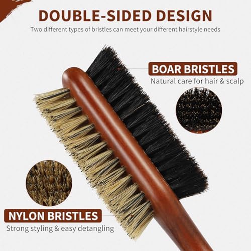 Boar Bristle Hair Brush for Men and Women, Double Side Slick Back Hair Brush with Medium & Firm Bristle, Sturdy Men's Brush for Waves, Fades, Slick Back Style (Brown) - Image 4