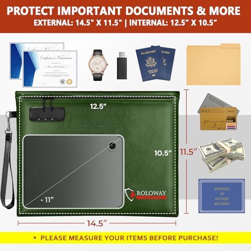 ROLOWAY Fireproof Document Bag (14.5 x 11.5 inch), 6400℉ Fireproof Money Bag with Zipper for Cash, Fire Safe Money Pouch with Lock (Green) - Image 2