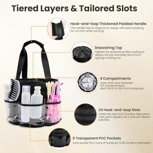 Hairstylist Travel Bag, with Dust Cover, 11L Large Capacity, Heat-Resistant Interior, Clear Pockets, 24 Hook-and-loop Slots, Top Drawstring, Makeup & Pet Grooming Supplies Organizer - Image 3