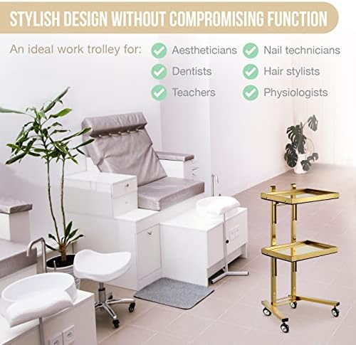 Multifunctional 2-Tray Utility Cart on Wheels - Gold 2-Level Medical Trolley Cart - Mobile Storage Tray Cart for Dental Tools, Cavitation Machine, Salon Supplies - Brass Foldable Storage Trays - Image 5