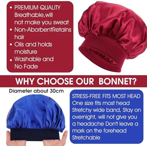 WLLHYF 18 Pcs Satin Bonnets for Sleeping, Large Silk Bonnet Wide Band Hair Bonnet Soft Elastic Hair Wrap Cap Silky Shower Cap for Black Women Men Curly Hair - Image 3