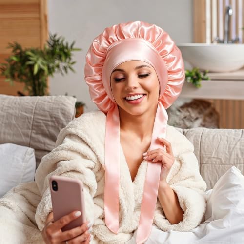 VECIIR Silk Bonnet for Sleeping Women，Hair Bonnet for Sleeping Silk Night Cap for Curly/Natural Hair Skin Snowbud Pink, Large - Image 4