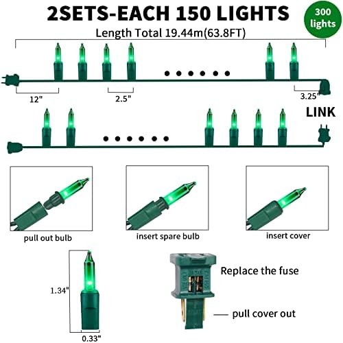 Ultra-Bright Connect End to End Green Christmas Mini Light 300L 63.8Ft(2Sets-Each 150L)UL Listed Incandescent Bulb String Light for Indoor Outdoor Holiday Garden Party Christmas Tree Decor - Image 3