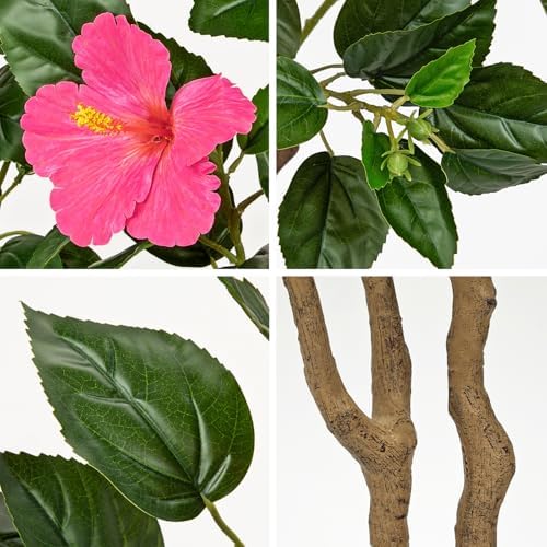 Briful Artificial Hibiscus Tree 5.25ft Tall Real Touch Fake Tree with Pink Flowers Potted Faux Plant Indoor Realistic Floor Plants for Front Porch Outdoor Home, Patio Decor - Image 4