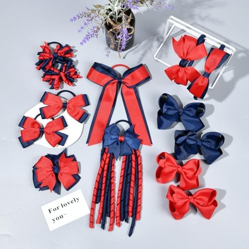 DEEKA Navy Blue & Red School Hair Accessories Set 13 Pcs Uniform Hair Bow Headband Clips Hair Ties Curly Korker Bows for Little Toddler School Girls (Navy Blue&Red) - Image 7