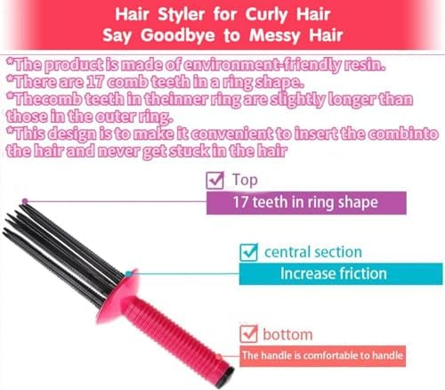 Curly Hair Styler Tool, 17 Teeth Curling Roll Comb - Rose red+Black, Hair Salon Professional Curling Brush for Home Use - Image 5