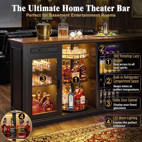 GDLF 60.2-Inch Home Bar Cabinet with Fridge Space, Amber LED, Black/Walnut - Image 6