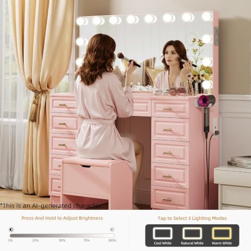 VOWNER Vanity with Lighted Mirror, Makeup Vanity Desk w/Bluetooth Speaker - Image 4