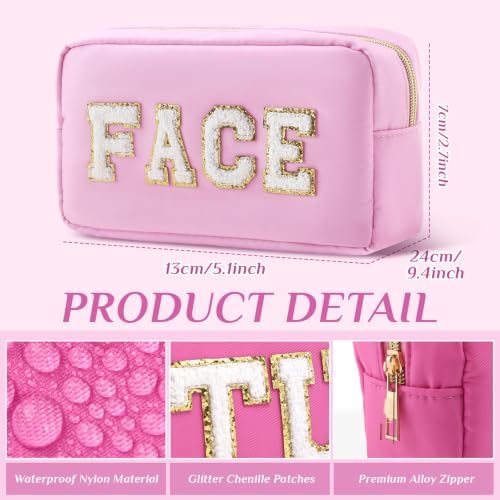 Remerry 4 Pcs Nylon Makeup Bags Waterproof Spacious Travel Cosmetic Bag for Women Chenille Letter Preppy Zipper Pouch Face Stuff Skin Hair Organizer Gift(Dark Green, Light Green, Orange, Yellow) - Image 2