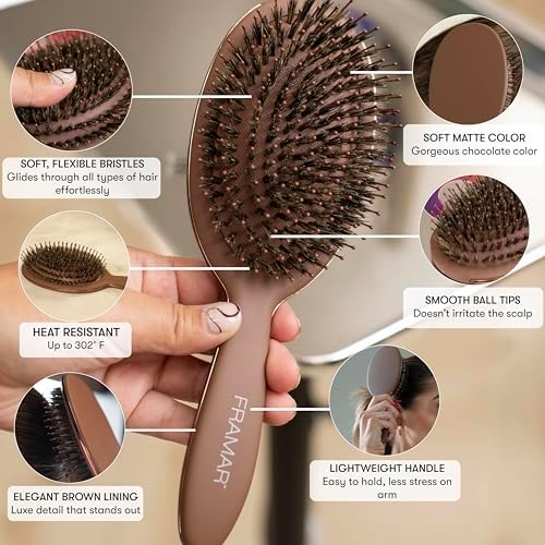 FRAMAR Soft Boar Bristle Hair Brush For Women, Boars Hair Brush For Women - Image 2