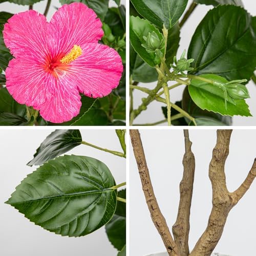 Briful Artificial Hibiscus Tree 2.95ft Tall Real Touch Fake Tree with Pink Flowers Potted Faux Plant Indoor Realistic Floor Plants for Front Porch Outdoor Home, Patio Decor - Image 3