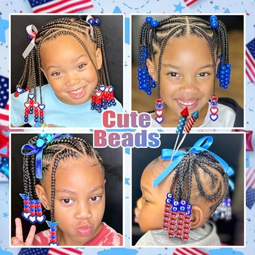 NAISKA 132PCS 4th of July Hair Beads Royal Blue Red Beads for Hair Patriotic Bead Sets 10 Styles Loc Pony Bead Independence Day Hair Accessories for Kids Girls - Image 3