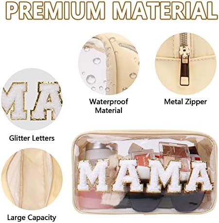 Iqimott Clear Patch Makeup Bag Mama Pouch, Preppy Personalized Chenille Letter Cosmetic Pouch for Travel, Nylon Waterproof Travel Essentials Zipper Toiletry Bags for Women Girls(MAMA, Beige) - Image 3