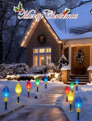 C9 Multicolor Christmas Decorations Outdoor Waterproof, 8FT Strawberry Jumbo Walkway Lights with 4 C9 LED Bulb, Connectable Marker Stakes Landscape Lights for Winter Yard Garden Lawns Xmas Holiday - Image 4