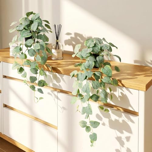 Artificial Plants Indoor - 2Pc Fake Hanging Plants with Pots, Modern Faux Pothos Ivy Plant for Outdoor, Artificial Silk Plant Greenery for Home Window Shelf Decor, White Green 33In by Unknown