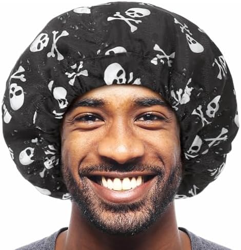 Shower Cap for Men Skulls Bath Cap, Reversible Large Waterproof Adjustable Shower Caps Terry Lining & Elastic Band Stretch Hem Hair Hat - Image 7