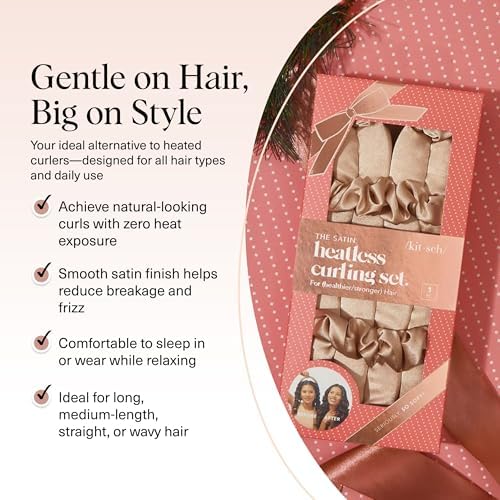 Kitsch Satin Heatless Hair Curler Set - Heatless Curls Overnight, Hair Rollers for Soft Curls & Frizz-Free Styling, No Heat Curlers To Sleep in, Curling Rod Headband with 2 Scrunchies - Champagne - Image 3