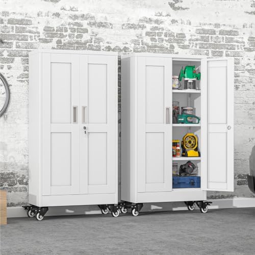 45.6" Metal Garage Storage Cabinet with Wheels and Locking Doors and Tall Rolling Steel Tool Cabinet with 3 Adjustable Shelves for Garage,Home,Office,Shop (White, 45.6''H x 23.7''W x11.8''D) - Image 2