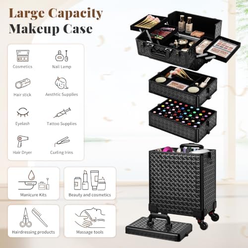 AROUS 5 in 1 Rolling Makeup Train Case with Lid Cosmetology Case on Wheels - Image 4