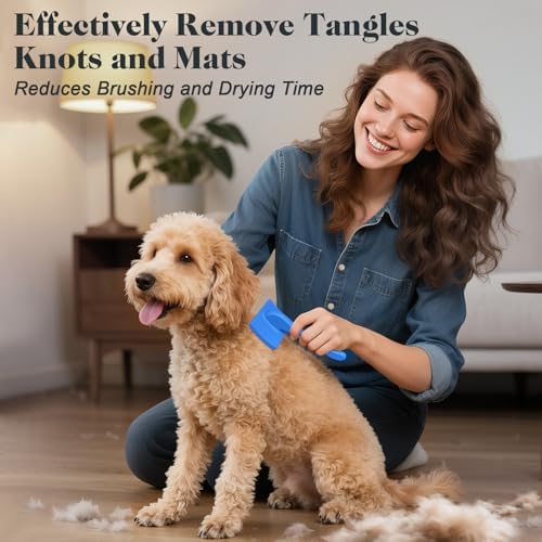 2PCS Slicker Brush for Dogs & Pet Comb,Professional Dog Grooming Brush (Goldendoodles,Poodles,Labradoodles) with Extra Long Pins to Effectively Remove Tangles, Knots and Mats (Blue, Medium) - Image 2