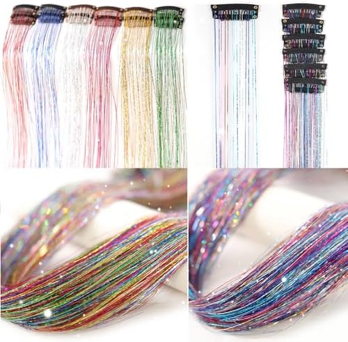 Six Color Hair Tinsel Pack of 24 Inch Clip in Hair Tinsel Colorful Glitter Tinsel Hair Extensions Tinsel Fairy Hair Party Dazzle Hair Accessories Strands Kit(6 Pcs Colorful+6 Pcs Six Color#) by Umylar