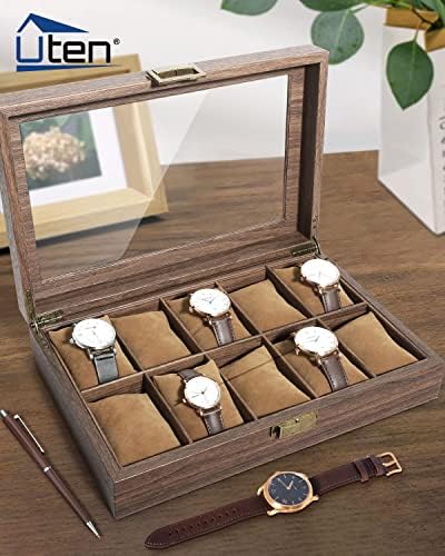 Uten Watch Case for Men 10 Slots, with Glass Lid, Wood Grain PU Leather - Image 2