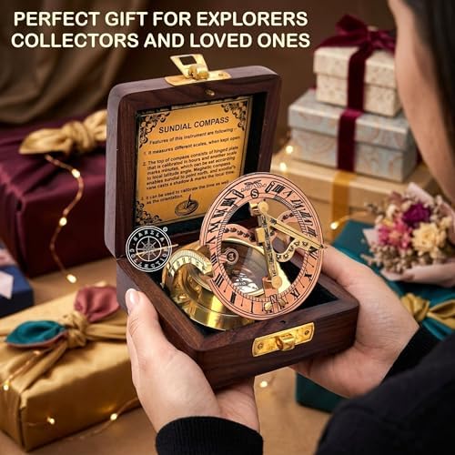 Polished Brass Sundial Compass, Sundial Clock in Wooden Box Gift Sun Clock Ship Replica Watch, Ship Decorations - Image 4