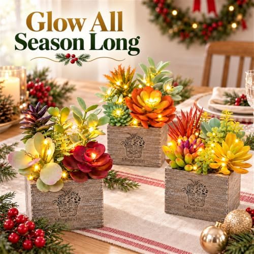 Succulents Plants Artificial Fake Plants with Lights for Bathroom Decor - Image 2