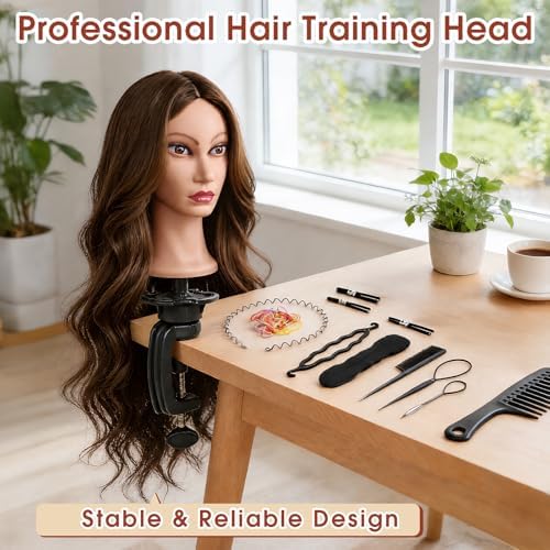 Mannequin Head with 80% Real Hair, 26'' Hairdresser Practice Styling Training Head Cosmetology Manikin Doll Head with Clamp Holder, DIY Braiding Set (Amber Brown) - Image 2