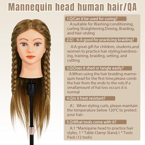 Mannequin Head with 100% Human Hair,22''Real Hair Cosmetology Mannequin Manikin Head Hair Styling Hairdressing Practice Training Doll Head Hairs with Clamp Holder and Tools(Light Brown Blue Eyes) - Image 7