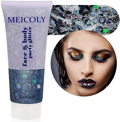 MEICOLY Black Face Glitter, Holographic Mermaid Hair Glitter for Game Day Spirit Day Halloween Cosplay SFX Makeup, Self-Adhesive Chunky Body Glitter Gel for Women and Kids, Professional Body Paint by MEICOLY
