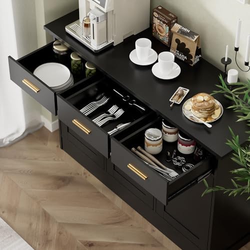 Buffet Cabinet with Storage - Buffets & Sideboards Kitchen Storage Cabinet, Wood Console Table Coffee Bar Accent Cabinets for Living Room Dining Room Entryway Large 3 Doors & Drawers, Black 47.2"W - Image 4