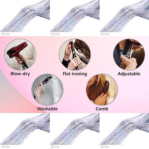 Silver Hair Tinsel Kit 48 Inches 1200 Strands with Tools and Instruction Easy to Install Fairy Glitter Tinsel Hair Extensions for Women and Girls，Shinny Sparkling Braiding Hair Accessories for Halloween Cosplay Party - Image 6