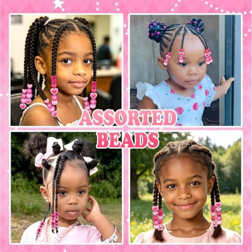 NAISKA 116PCS Pink Beads for Hair 10 Styles Box Braids Beads Hot Pink Pony Bead Lovely Heart Loc Jewelry Cute Braids Accessories for Kids Girls - Image 3