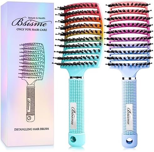Boar Bristle Hair Brush, Curved Vented Detangler Brush Faster Blow Drying, Paddle Detangling Brush for Women Men Kids Wet Dry Long Curly Thick Straight Hair, Make Hair Shiny and Healthier(Green+Blue) by Bsisme