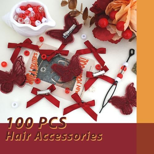 100PCS Hair Beads for Braid Wine Red Mini Bow Hair Clips Lace Embroidery Butterfly Hair Clips Gradient Acrylic Pony Beads Loc Dreadlock Kits for Women - Image 7