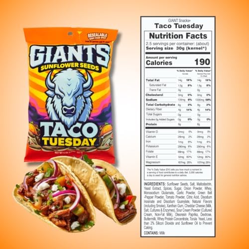 GIANTS Taco Tuesday Sunflower Seeds - Sunflower Seeds to Eat, High Protein Snack, Zesty Taco Seasoning, Source of Vitamin E & Fiber Content - 5 oz Resealable Bags (Pack of 3) - Image 2