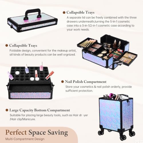 5 in 1 Rolling Makeup Train Case Professional Cosmetic Trolley Large Storage Organizer on Wheels for Hairstylist Artist Nail Beauty Salon Barber Shiny Purple - Image 5