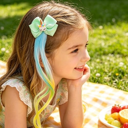 Ideal Swan 6 Set Unicorn Hair Extensions Clip - Colorful Curly Hair Extensions for Girls, Cute Unicorn Accessories Hair Clips for Kids Ponytails, Rainbow Thick Wig Clip in Fake Bangs (Curly Hair) - Image 3