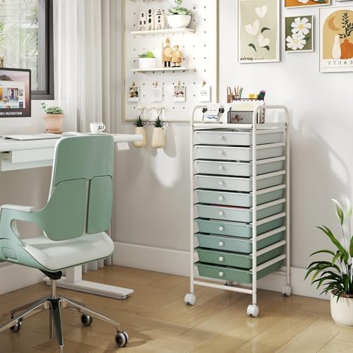 Giantex 10-Drawer Rolling Storage Cart w/Wheels, Handle, Removable Drawers, Mobile Organizer Storage Unit, Trolley Utility Cart for Home Kitchen Living Room Office Play Room, Green Gradient - Image 2
