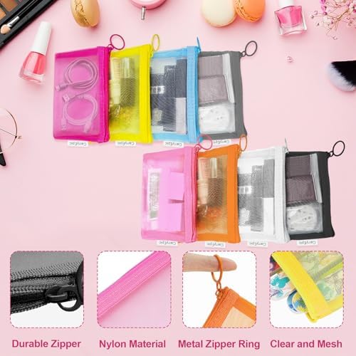 Mini Mesh Pouches(8 Pack), Small Mesh Bags with Zipper Nylon Makeup Pouches Bag Cosmetic Pouch Travel Purse Organizer Insert Diaper Inside Bag Organizers Home Organizing Size See Through Cute Colors - Image 5