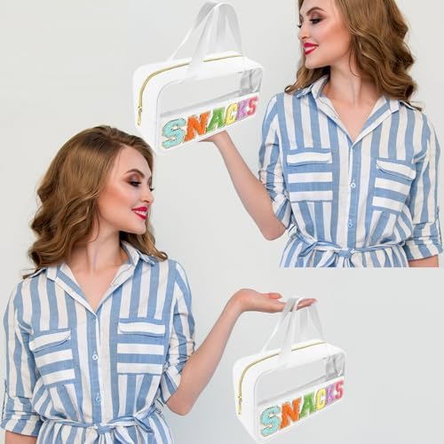 Bunliuys Chenille Letter Clear Makeup Bag Travel Patch, Travel Toiletry Makeup Bag with Handle, Nylon Waterproof Makeup Bags clear cosmetic bag, preppy patch makeup bag for Women (SNACKS-White) - Image 6