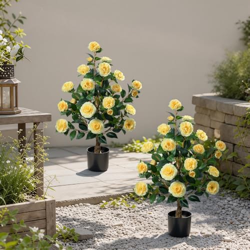 HyeFlora 3ft Artificial Camellia Tree 2 Pack, 34 Inches Faux Camellia Plant in Pot,Fake Potted Camellia Flower Trees UV Resistant for Modern Home Office Living Room Floor Indoor Outdoor Patio Decor - Image 4