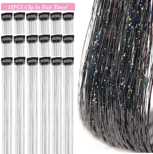 ZYXQZYX Hair Tinsel Kit Pack of 18 Pcs Hair Tinsel Clip in 19.6Inch Glitter Tinsel Hair Extensions Heat Resistant Clip in Hair Tinsel Sparkle Fairy Hair Accessories for Kids Girls Women (Black) - Image 2