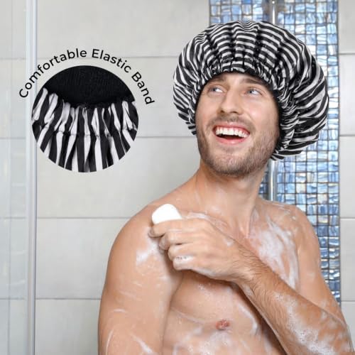 Shower Cap for Men Black Bath Cap, Reversible Terry Lined Large Waterproof Adjustable Shower Caps Elastic Band Stretch Hem Hair Hat for braids - Image 4
