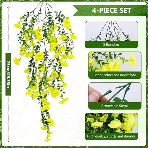 4-Pack Fake Hanging Plants, Faux Hanging Plant Artificial Greenery for Living Room Bedroom Boho Wall Shelf Indoor Outdoor Decor (Yellow Morning Glory) - Image 3