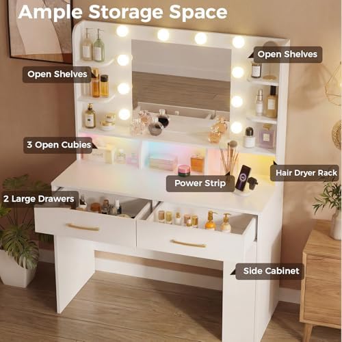 LUCKRACER Vanity Desk with LED Lights Mirror & Charging Station, Makeup Vanity with Storage Drawers and Shelves, Modern Dressing Table for Women Girls Bedroom, Ivory White - Image 6