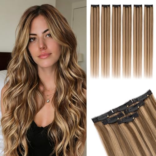 Rich Choices Real Human Hair Clip In Extensions-6 Pcs Single Clip Design-Invisible Clip in Extensions for Thin Hair-Hairpieces for Women/Men-14 Inches #4P27 Medium Brown Highlighted Dark Blonde by RichChoices